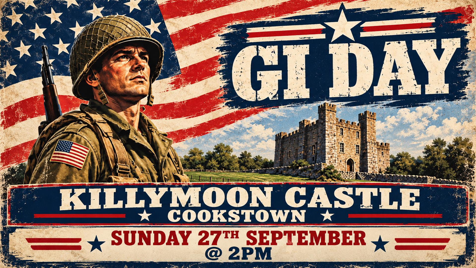 Post of American World War II GI with Killymoon Castle in background.