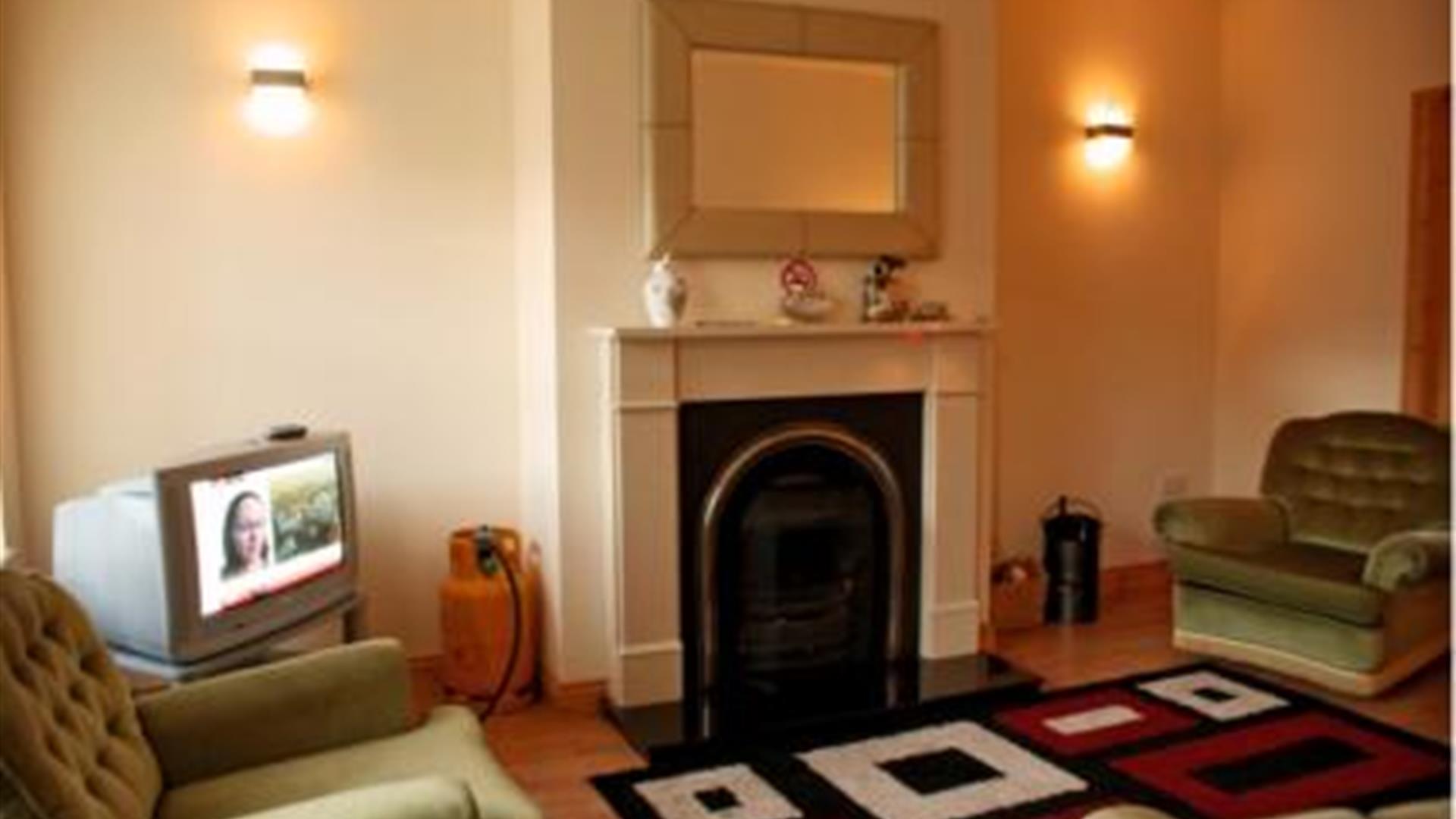 Image of a living room with two arm chairs, a fireplace, a TV and a patterned rug