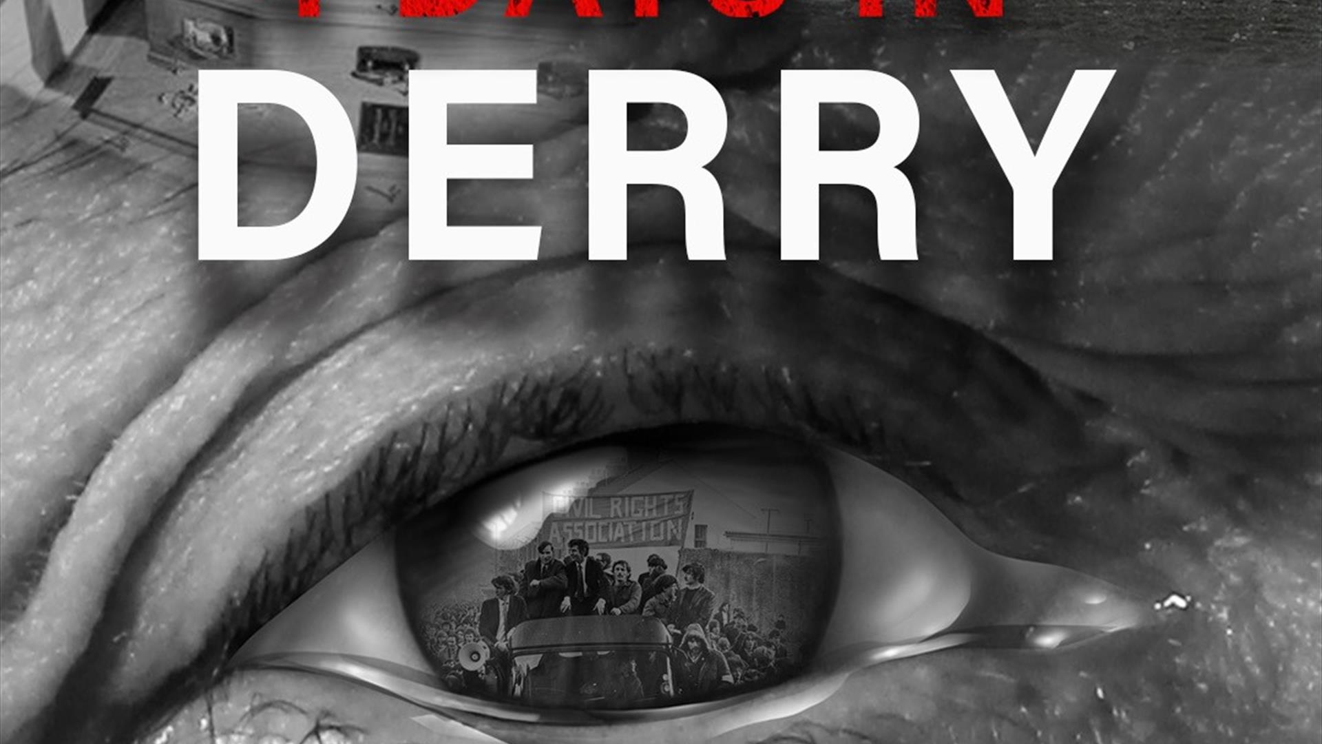 Poster showing an eye with the reflection of those in protest in Derry