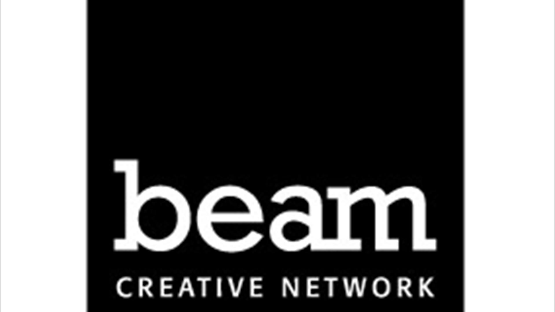 Black square on white background. Beam creative network written inside black square.