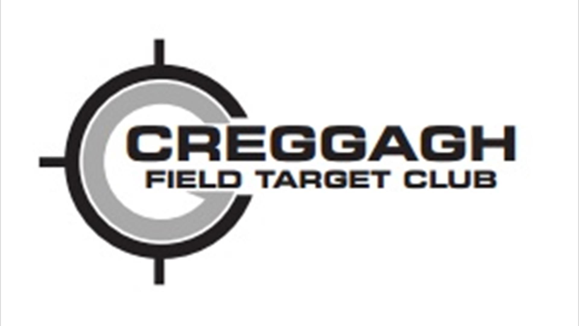 Event logo, a target circle with the title Creggagh in larger writing and Field Target Club in smaller writing underneath in black writing on white ba