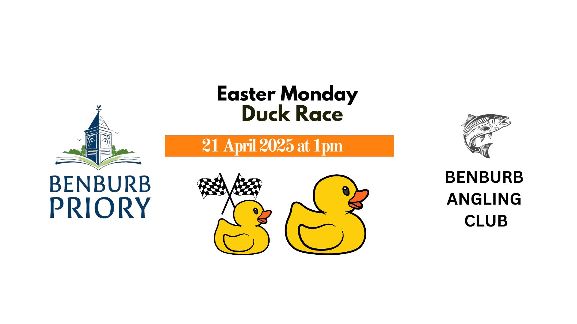 White background with Benburb Priory and Benburb Angling club logos and two yellow ducks
