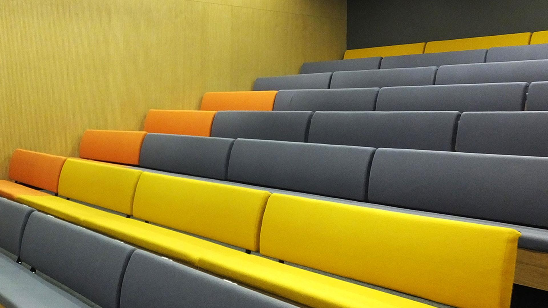 Colourful seating in the Square Box theatre space