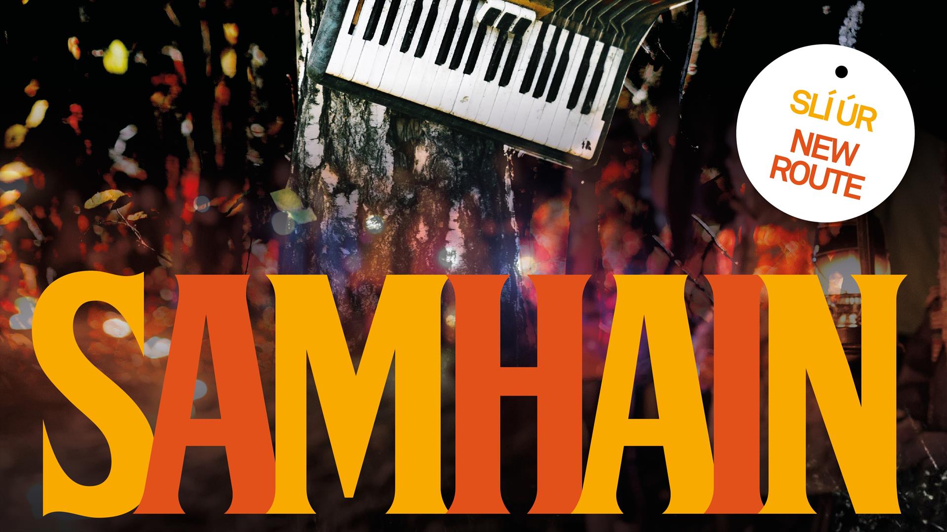 Image with the words SAMHAIN in orange and red and an accordian