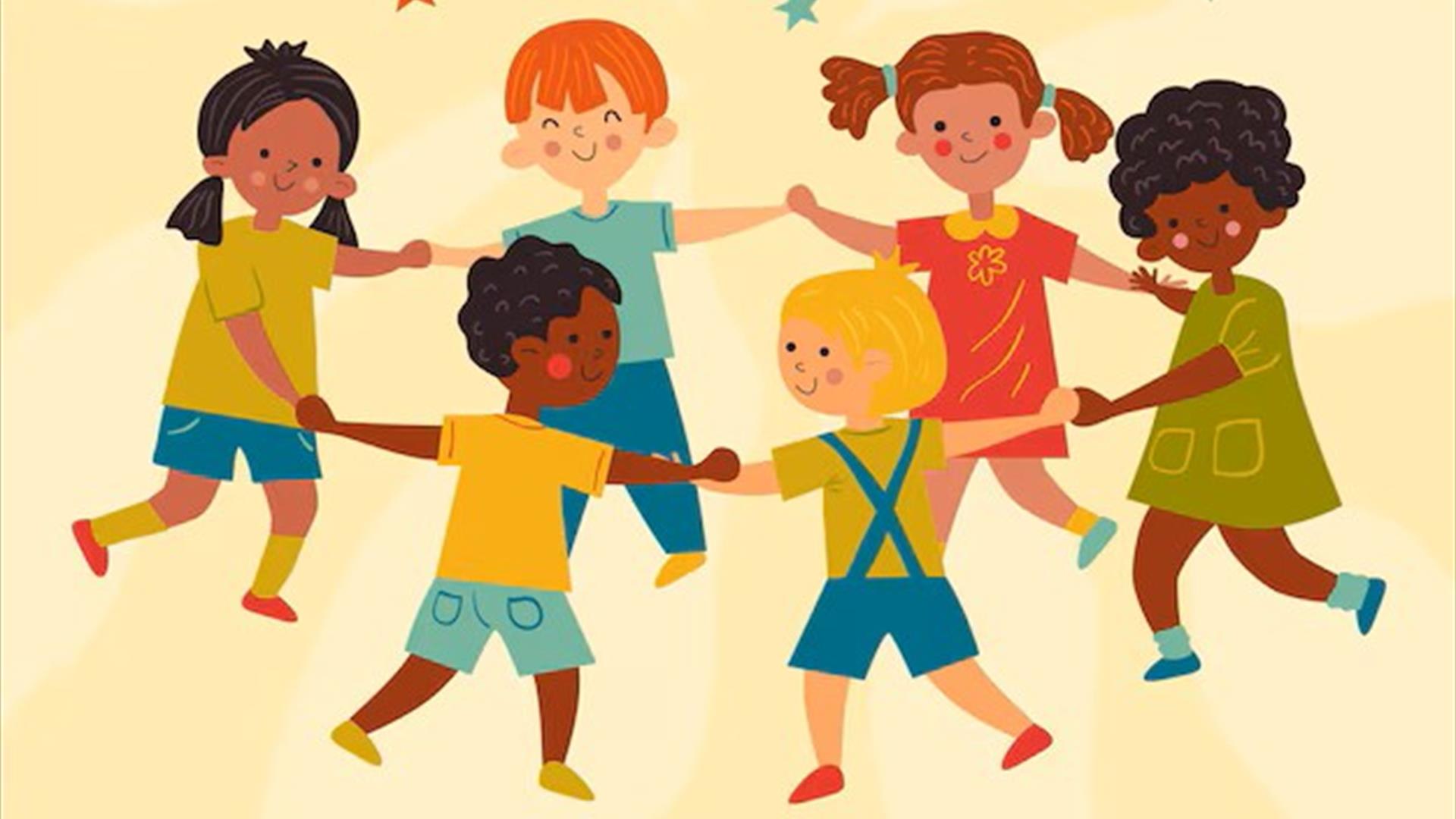 Cartoon image of kids holding hands in a circle