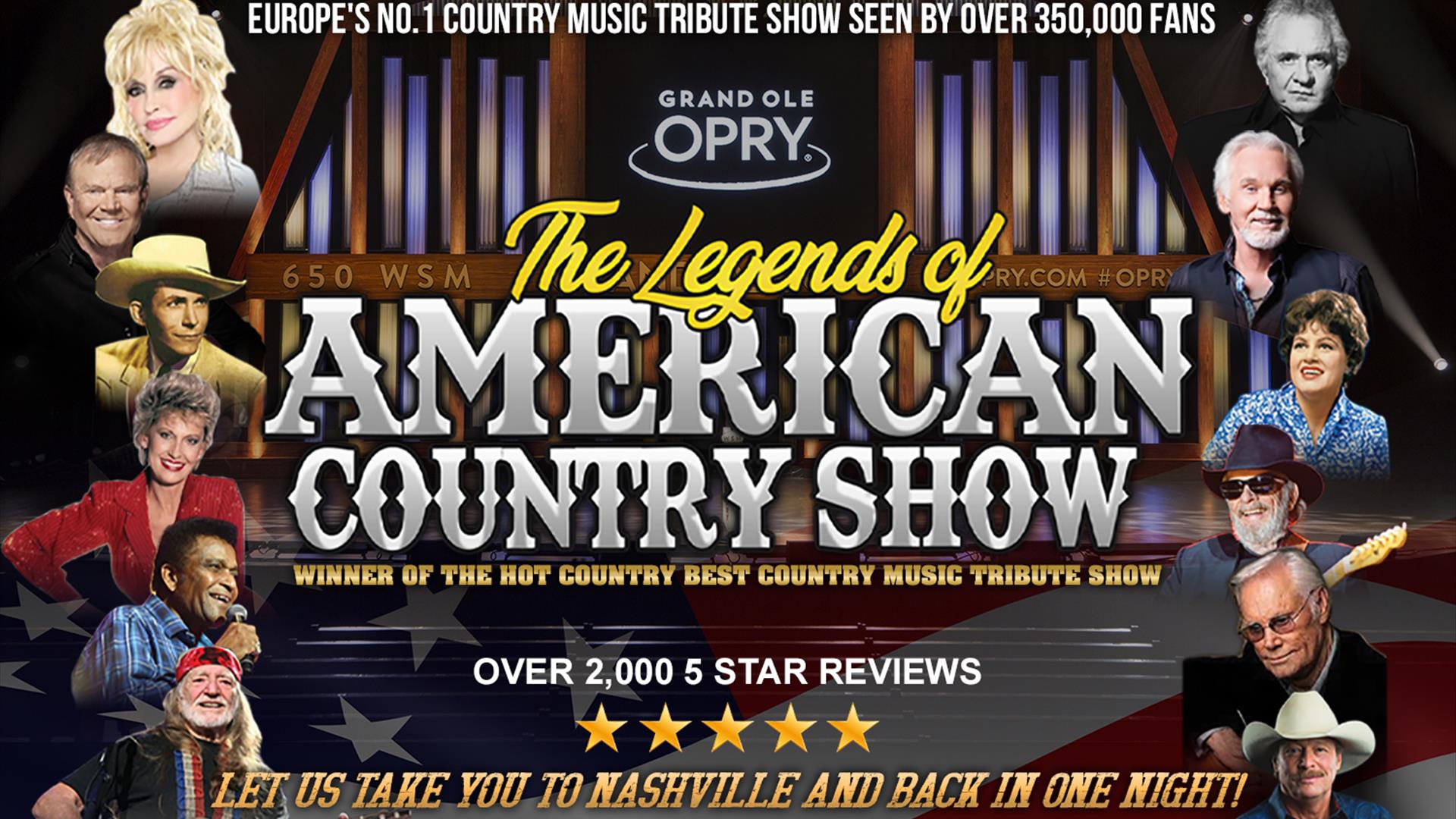 Poster with country singers and yellow and white writing in the middle