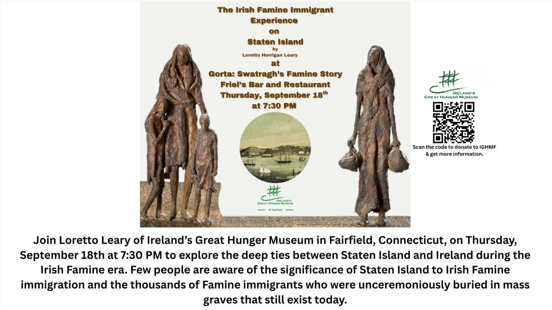 Image of flier providing details of the Loretto Leary's talk of The Irish Immigrant Experience on Staten Island.