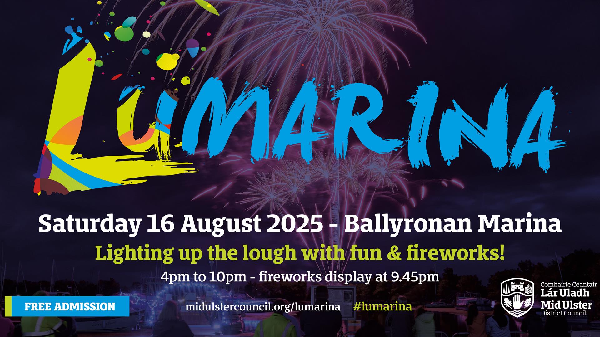 Bright coloured flyer promoting Lumarina event with fireworks in background