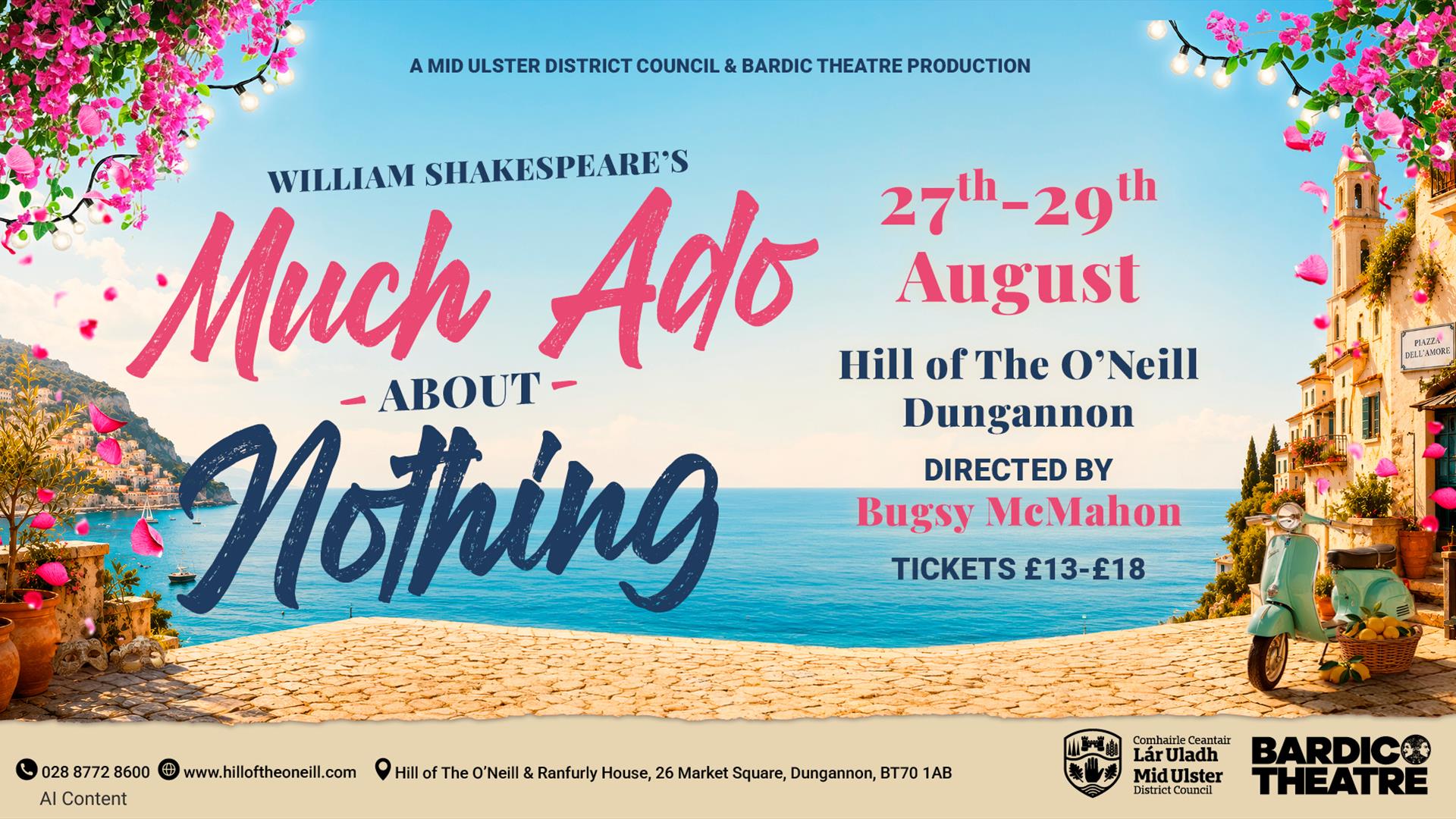 Image of sunny beech cover with golden sand and blue sees and flowers with details of the event in the middle of the poster.