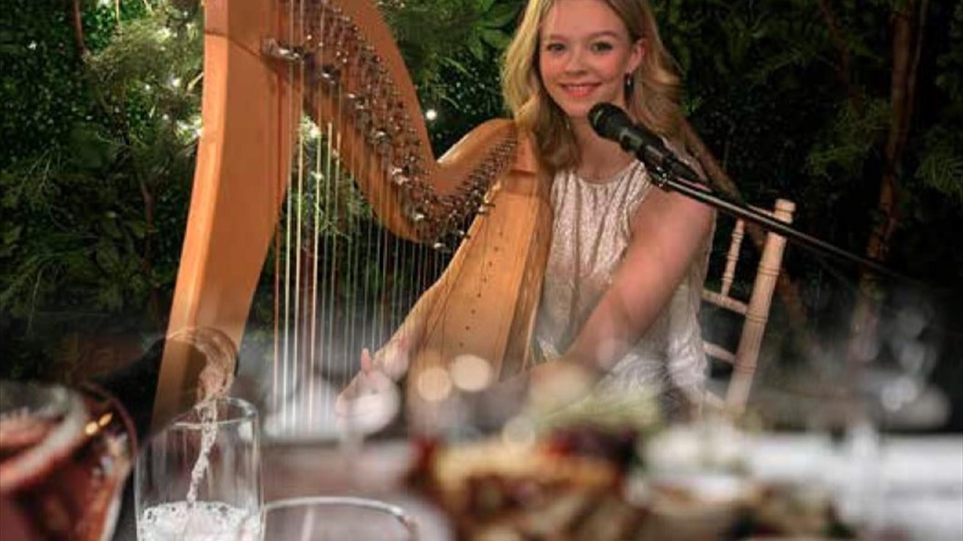 Woman with a harp and microphone ready to perform