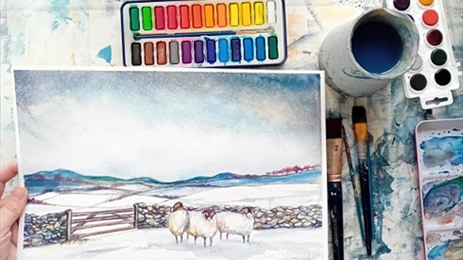 Watercolour painting of sheep in a snow covered field and a stone fence