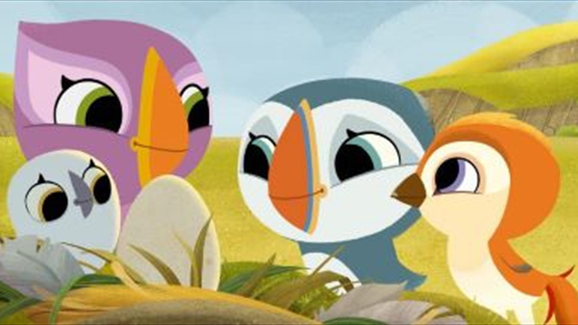 Cartoon image of three Puffins and an egg