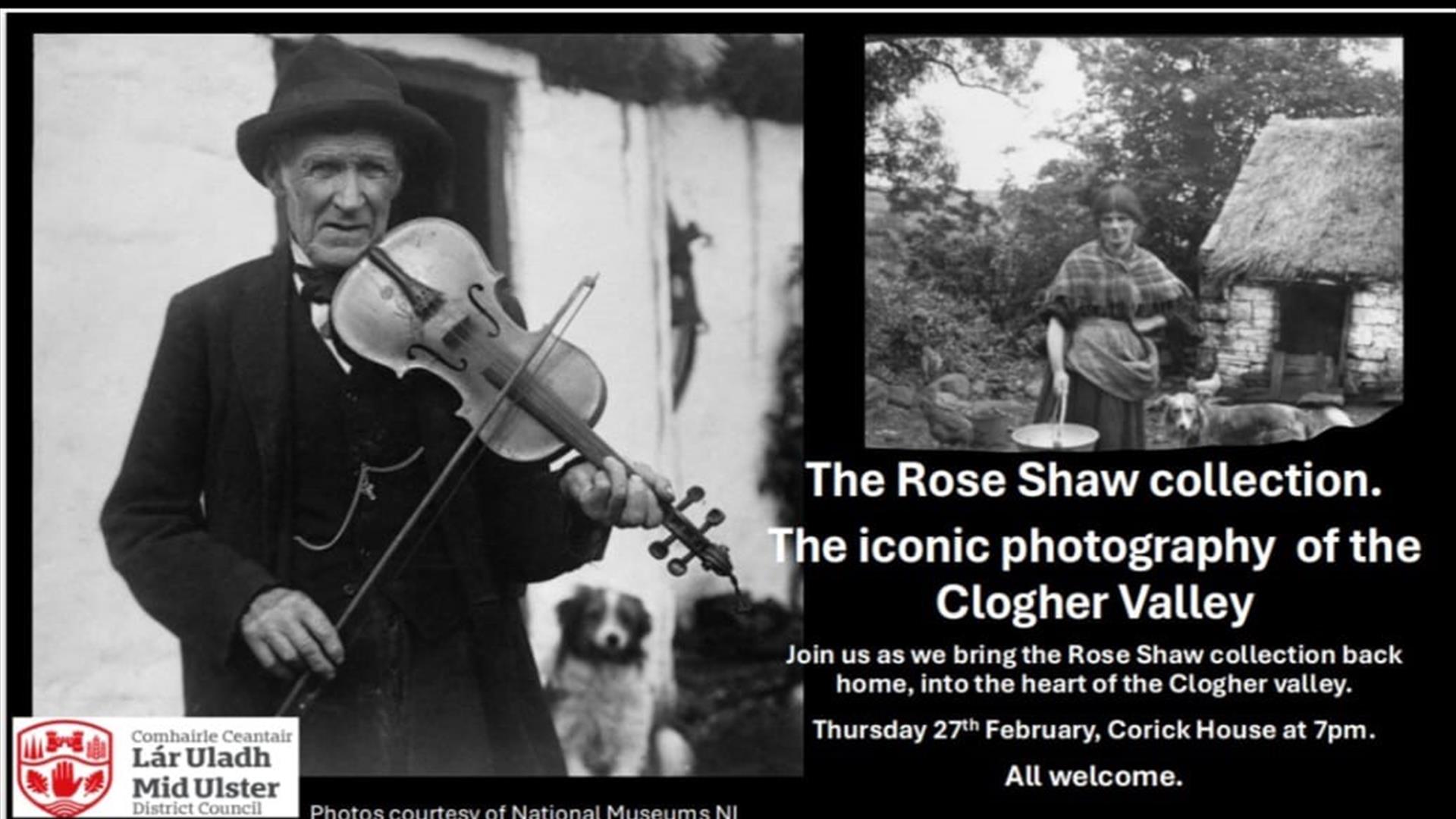 Black and white images, one of a man playing a violin and the other of a lady holding a bucket