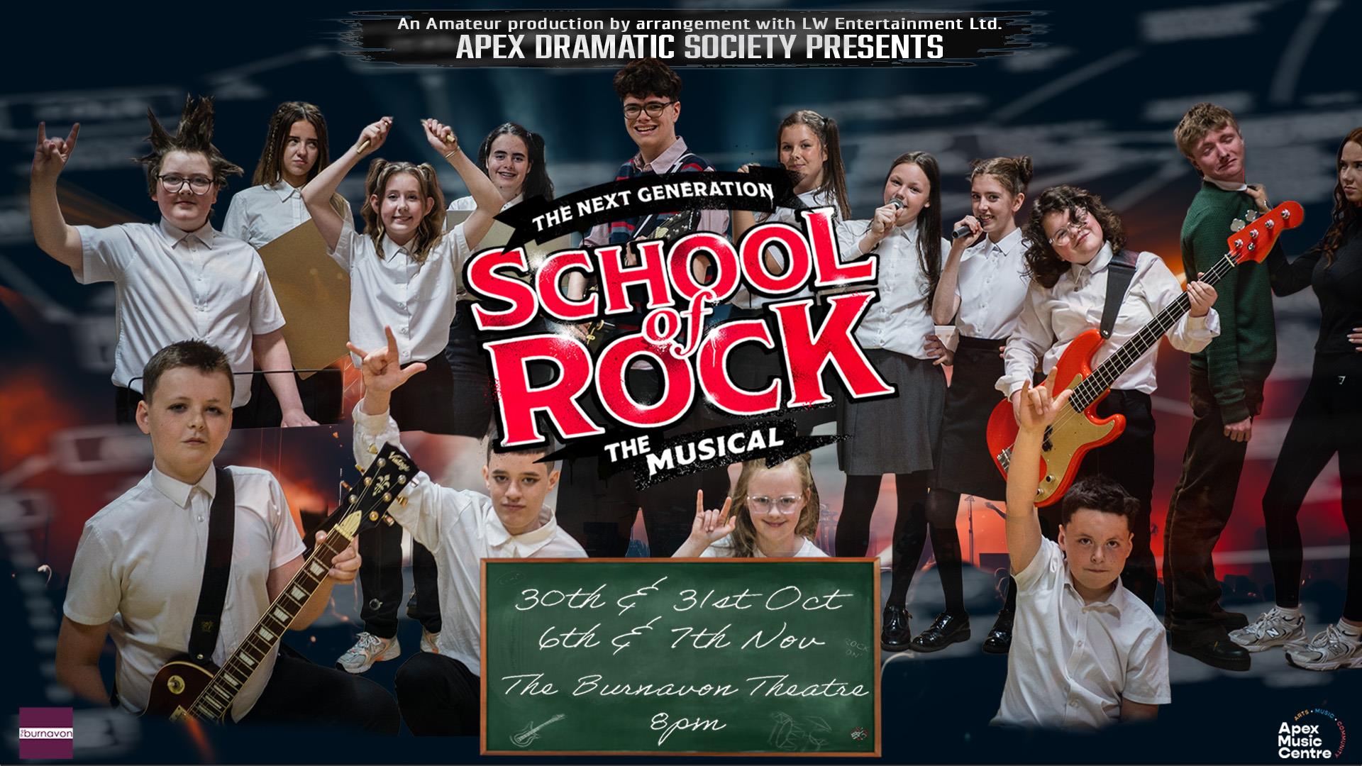 Image features red title reading "School of Rock: The Musical" and features a the cast holding various musical instruments.