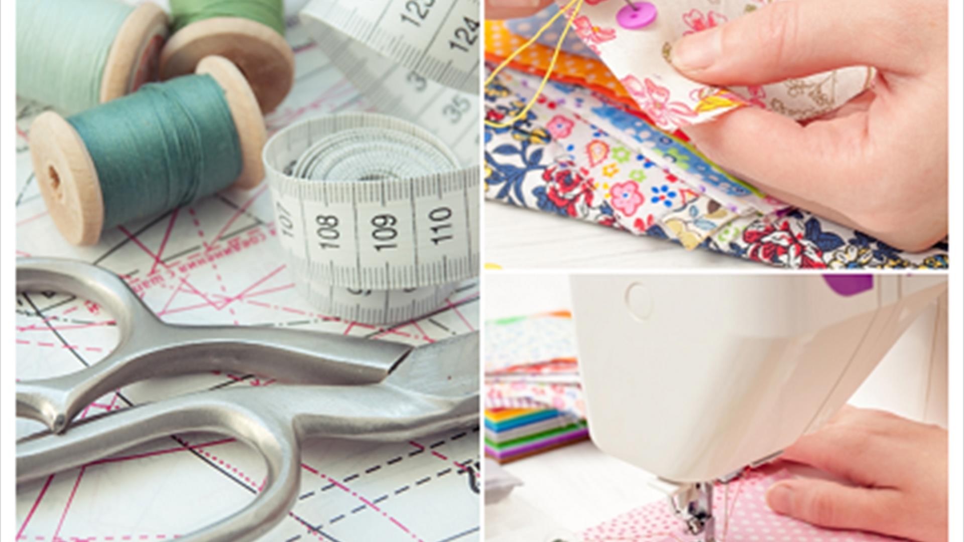 Images of 3 spools of green thread, a silver pair of scissors and measuring tape.  Also an image of a hands sewing a floral piece of material and pink