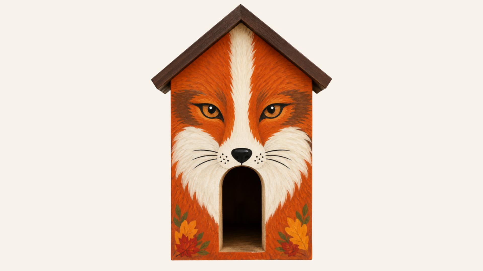 Birdhouse art workshop - Image showing the face of a red fox painted on to the front of a birdhouse.