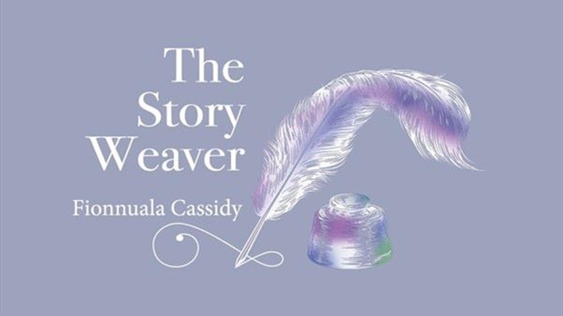 Light purple background with white writing and image of feather pen