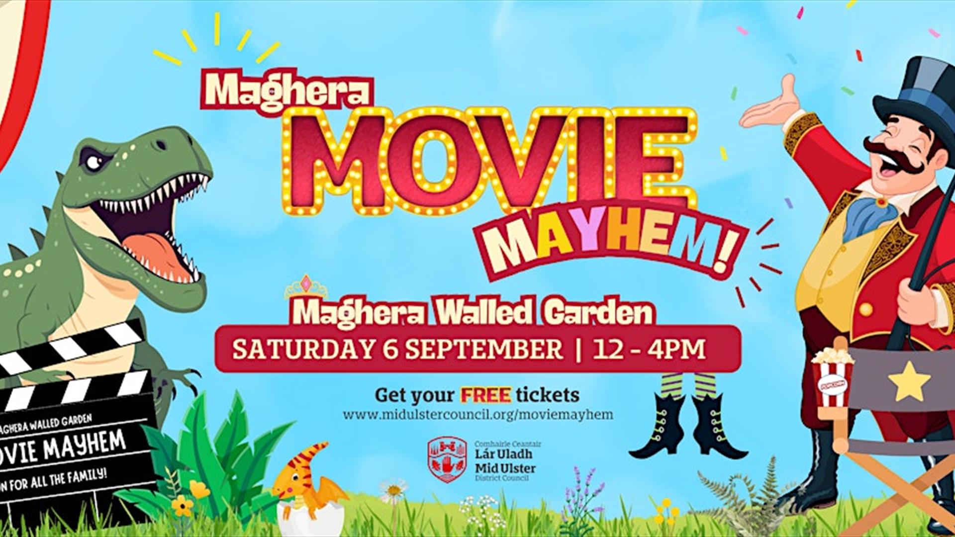 Poster with circus master and dinosaur promoting the event