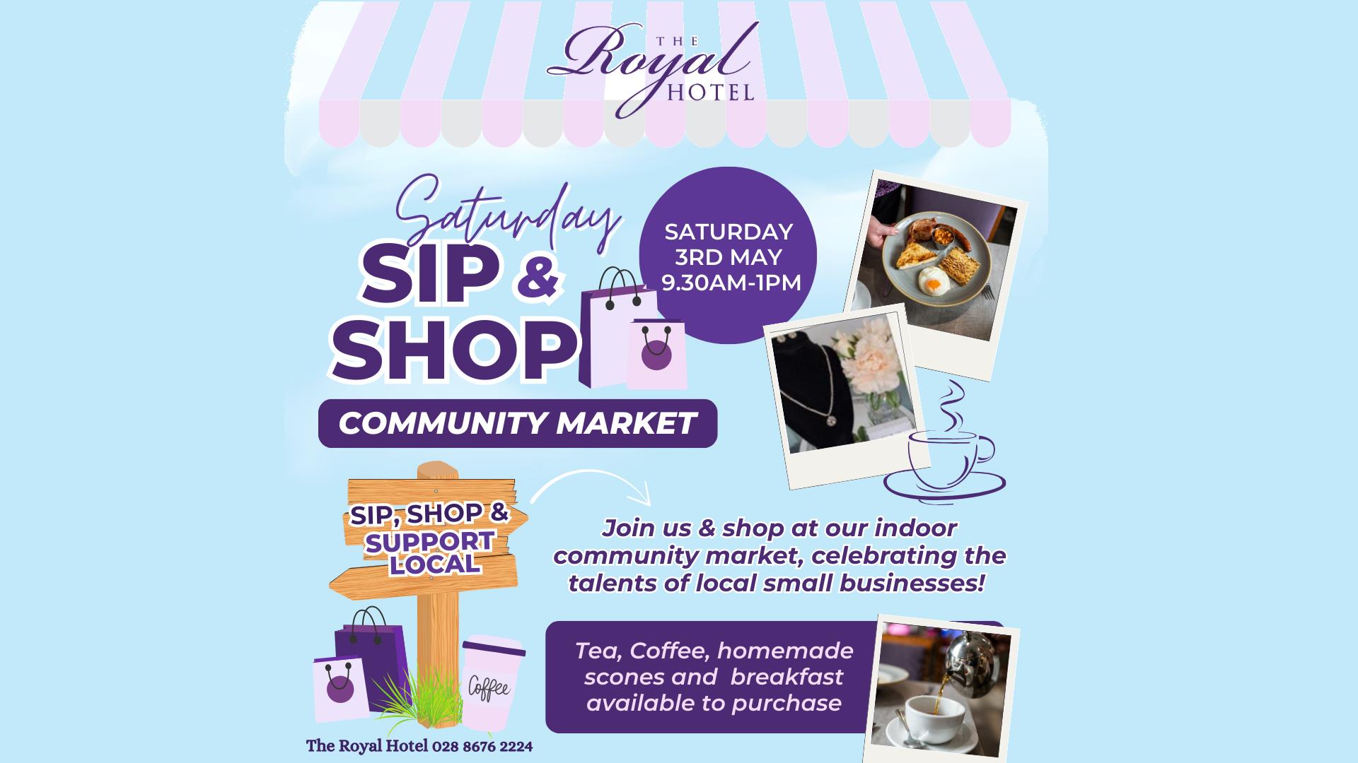 Blue background with event detail in purple writing and images of the products, a cup of tea and a fry