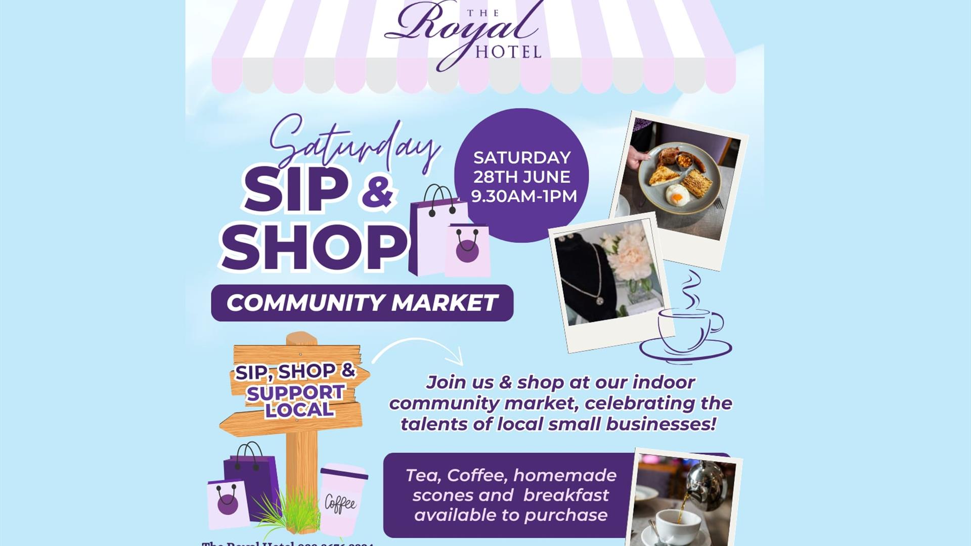 Blue background with event detail in purple writing and images of the products, a cup of tea and a fry