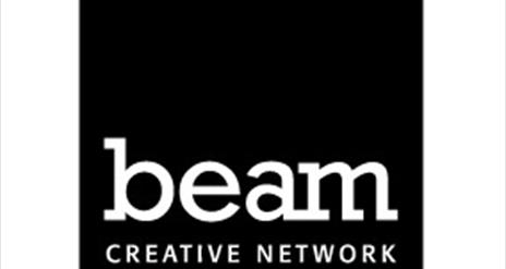 Black box on a white background with beam creative network written in white