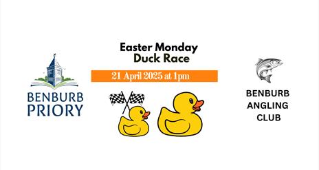 White background with Benburb Priory and Benburb Angling club logos and two yellow ducks
