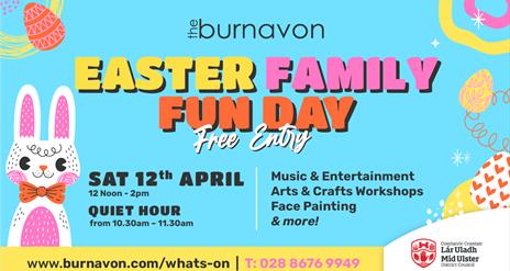 Colourful poster with Easter eggs and a bunny with Easter family fun day in bold colourful letters