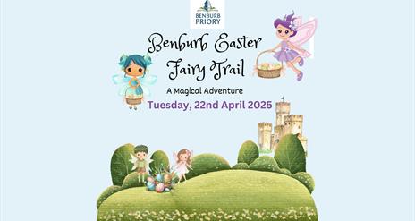 Blue background with cartoon fairies and a hill with details of the event written