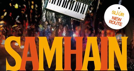 Image with the words SAMHAIN in orange and red and an accordian
