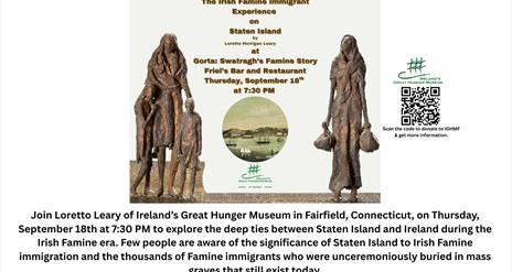 Image of flier providing details of the Loretto Leary's talk of The Irish Immigrant Experience on Staten Island.
