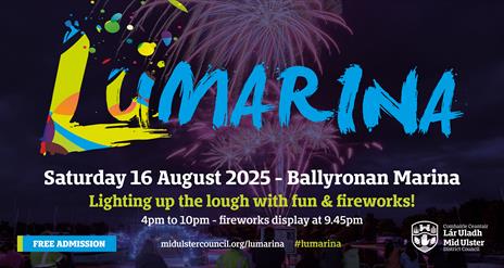 Bright coloured flyer promoting Lumarina event with fireworks in background