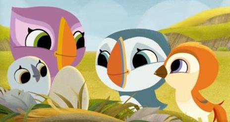 Cartoon image of three Puffins and an egg