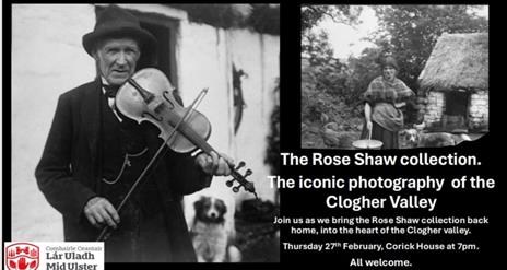 Black and white images, one of a man playing a violin and the other of a lady holding a bucket