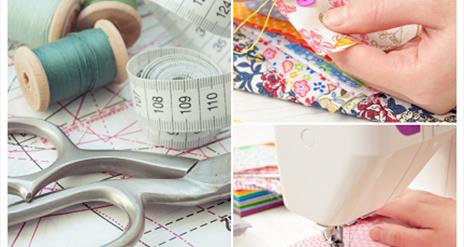 Images of 3 spools of green thread, a silver pair of scissors and measuring tape.  Also an image of a hands sewing a floral piece of material and pink