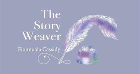 Light purple background with white writing and image of feather pen