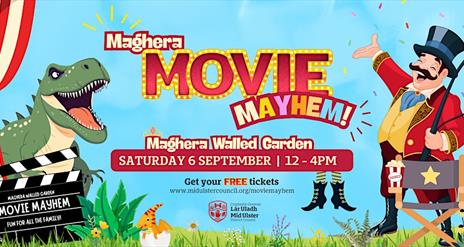Poster with circus master and dinosaur promoting the event