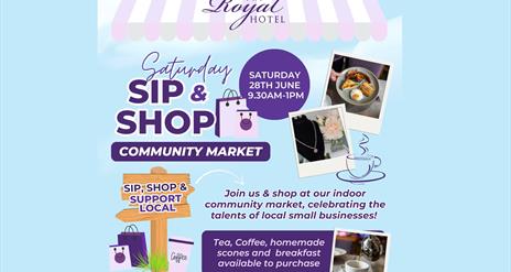 Blue background with event detail in purple writing and images of the products, a cup of tea and a fry