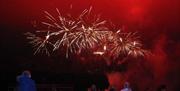 Fireworks glowing red in night sky