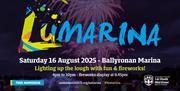 Bright coloured flyer promoting Lumarina event with fireworks in background