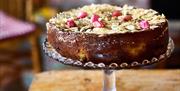 Image of a cake on a glass cake stand with rhubarb on top