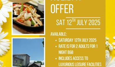Offer details on a yellow background with images of food and the hotel
