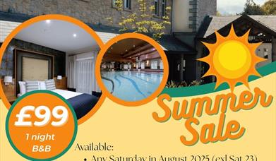Background half image of the hotel and half yellow with offer details written in white