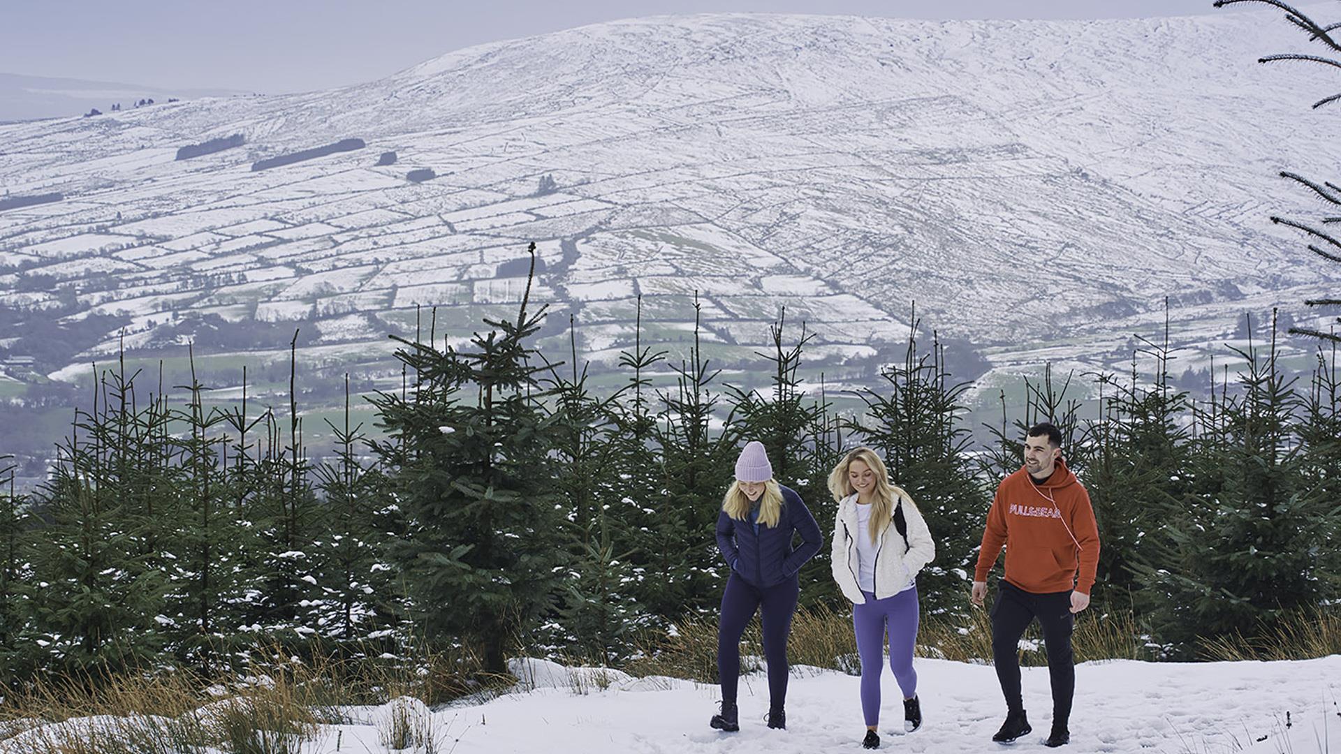 Three people walking in Moydamlaght Forest in the snow