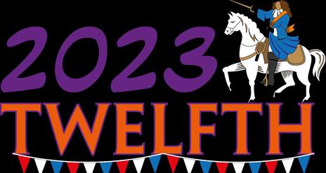 Image of King William of Orange on white horse beside the text 2023 Twelfth with bunting under the text