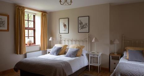 Spacious Triple bedroom with grey and yellow colour scheme