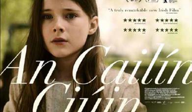 Image of young girl with long dark hair with title of the film across the bottom in irish and english