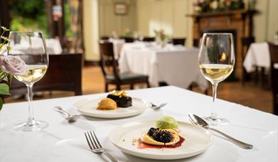 Image of two wine glasses with white wine and town plates of food 