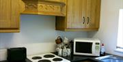 Kitchen area with wooden cabinets, cooker, microwave and sink