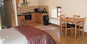 open plan kitchen, dining and bedroom area with table and 4 chairs and double bed