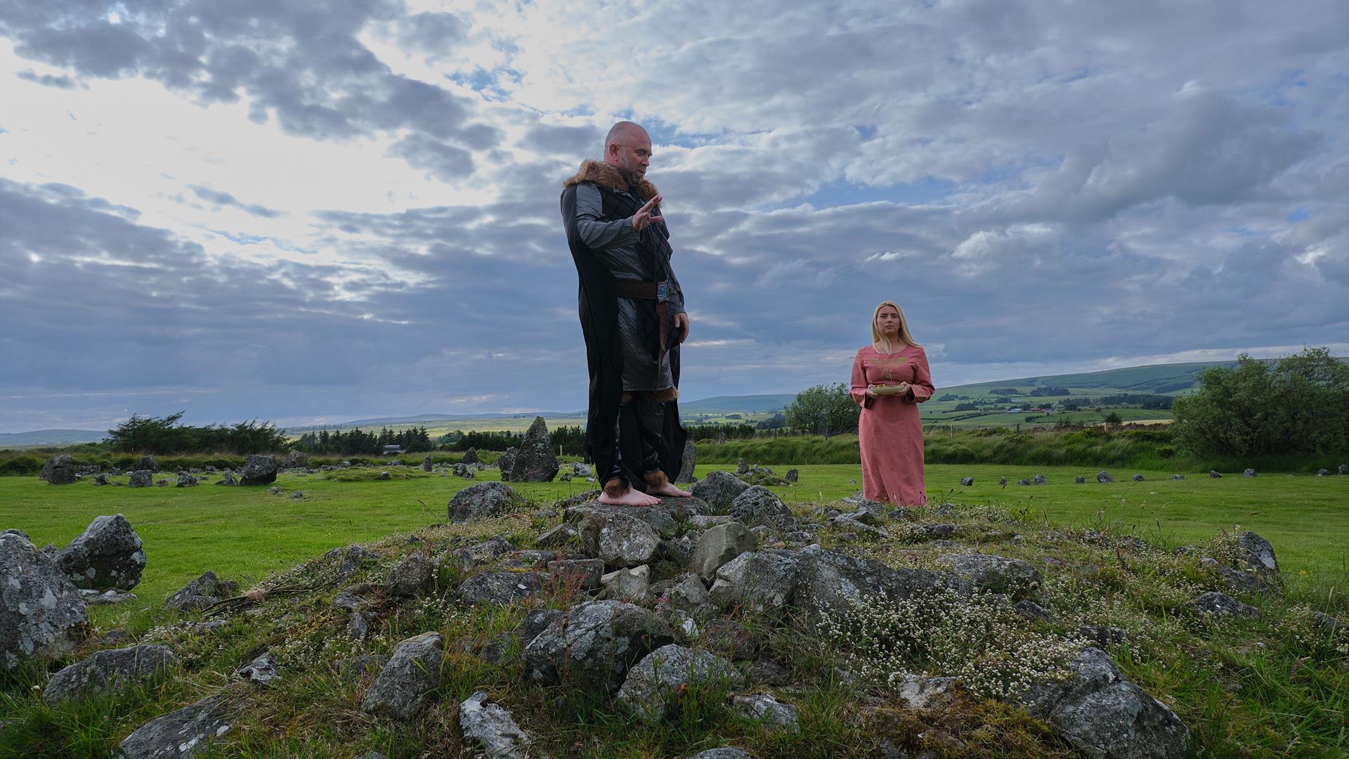 Two living history characters acting on Beaghmore Stone Circles